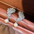 Crystal Leaf Cluster Pearl Drop Earrings in Silver Tone view 2
