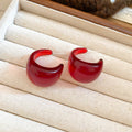 Wide Translucent Red and Brown Resin C Hoop Stud Earrings view 6