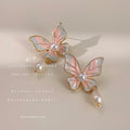 Pink Mint Enamel Butterfly Pearl Drop Stud Earrings view 2