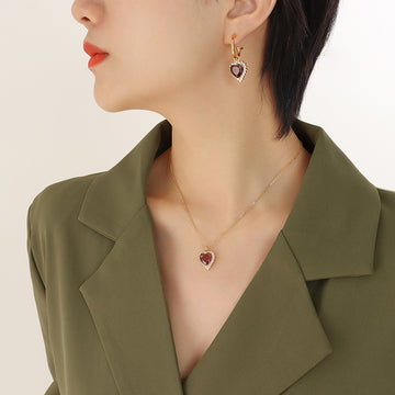 Gold Heart Crystal Pendant Necklace And Hoop Earrings