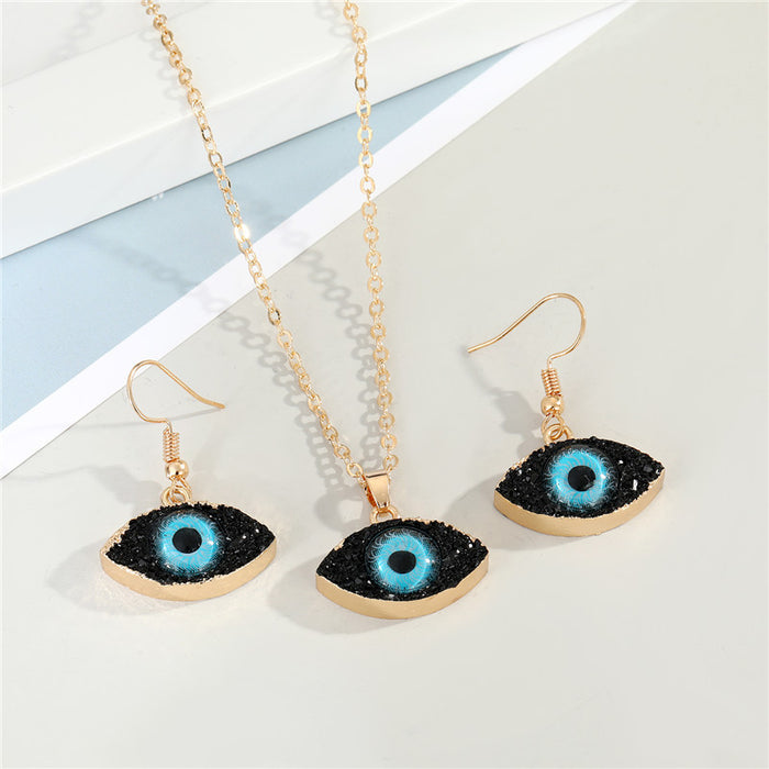 Black Crystal Cluster Evil Eye Pendant Necklace and Drop Earrings