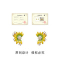 Yellow Green Enamel Sunflower Stud Earrings Clear Stones view 3