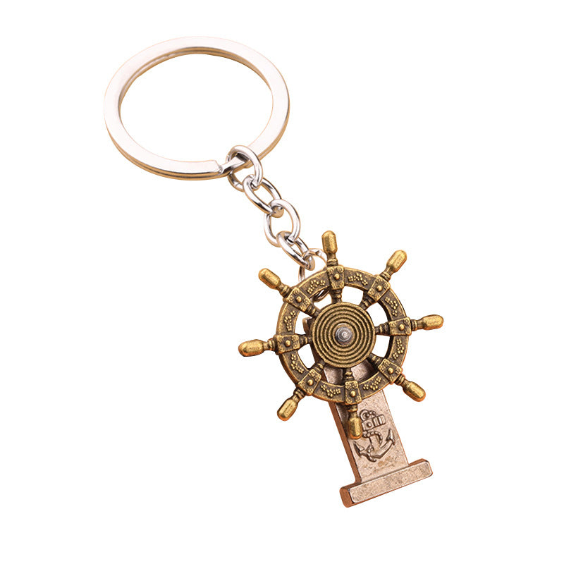 Vintage Ship Wheel Alloy Keychain Gift with Spinning Helm