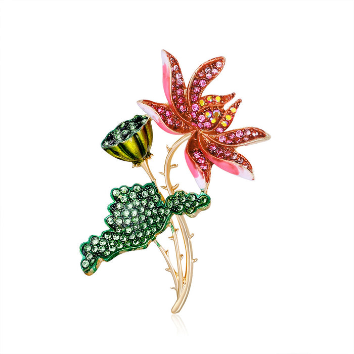 Red Green Lotus Leaf Crystal Enamel Metal Brooch Pin