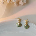 Gold Tone Starfish And Shell Fan Stud Earrings In White And Green view 7