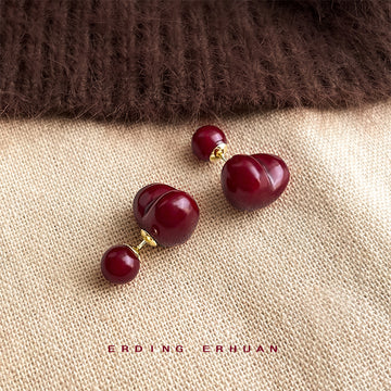 Wine Red Heart Ball Dual Wear Stud Earrings Gold Posts