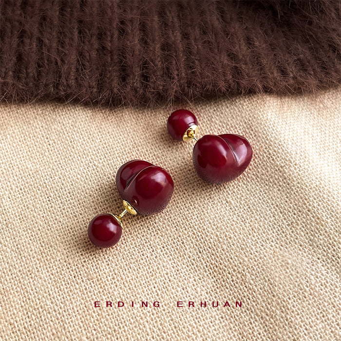 Wine Red Heart Ball Dual Wear Stud Earrings Gold Posts