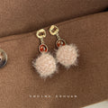 Gold Irregular Stud Amber Disc Fluffy Pom Drop Earrings view 1