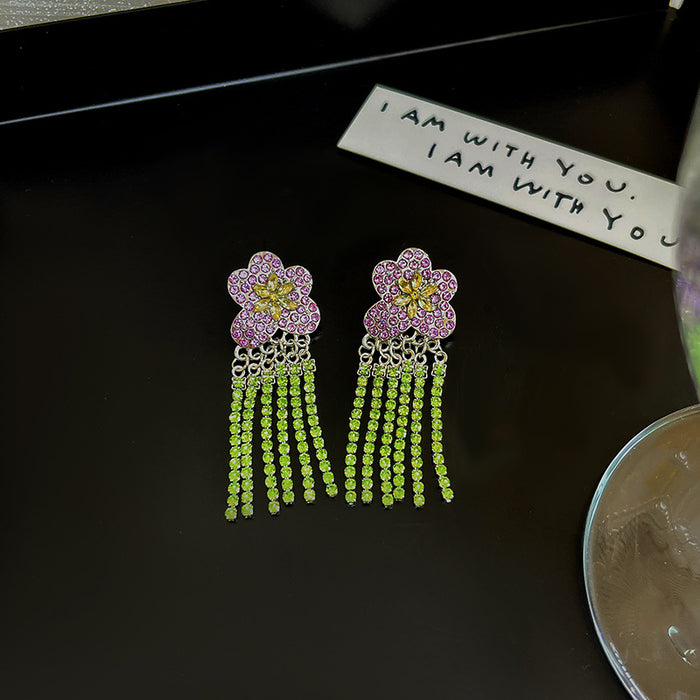 Purple Double Flower Green Crystal Look Fringe Earrings
