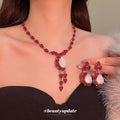 Resin Bud Oval Pearl Center Necklace Drop Earrings view 2