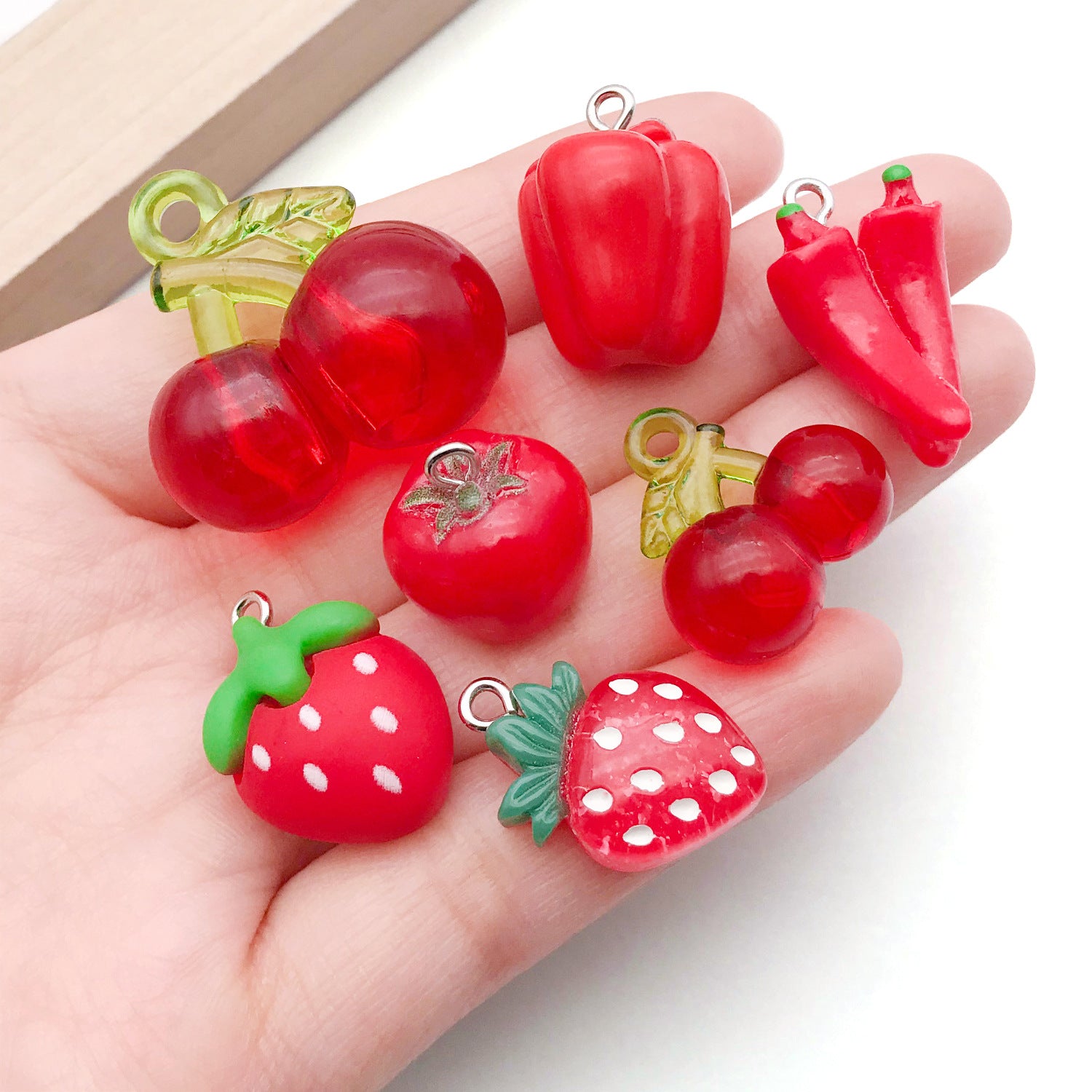 Acrylic Glossy 3D Apple Strawberry Cherry Chili Fruit Charm Pendants for DIY Keychain Jewelry