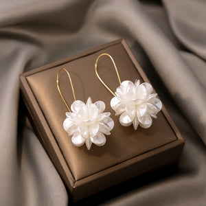 White Translucent Petal Ball Drop Earrings with Gold-Tone Hooks