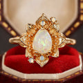 Champagne Gold Flower Leaf Teardrop Faux Opal Ring Band view 2