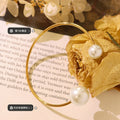 Open Cuff Faux Pearl Dual Ball Bangle Gold Steel Metal view 2