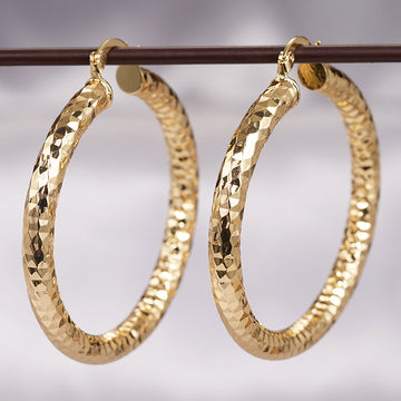 Gold Tone Large Faceted Hammered Texture Hoop Earrings