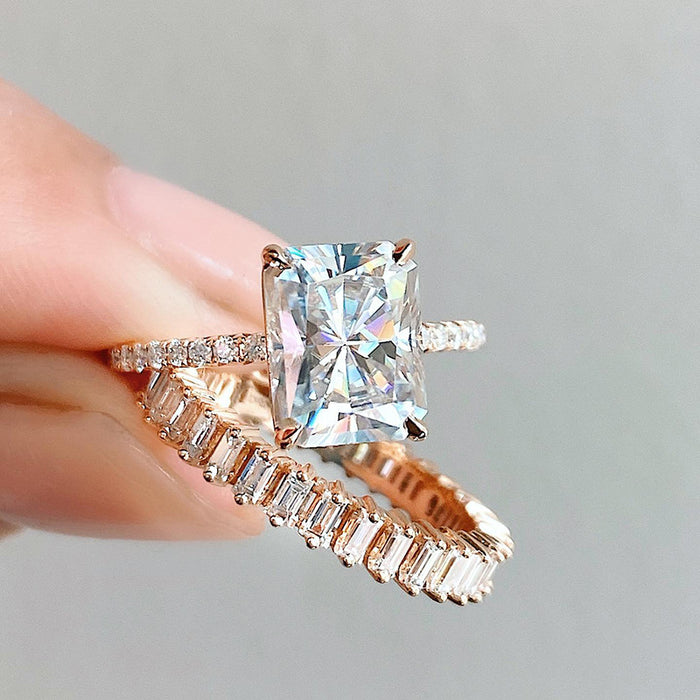 Rose Gold Tone Rectangular Stone and Baguette Band Ring Set