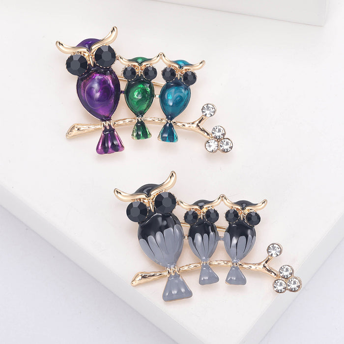 Three Owl Branch Brooch in Colorful or Gray Crystals
