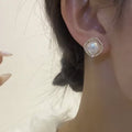 Gold Tone Diamond Pearl Stud Earrings Decorative Jewelry Pair view 3
