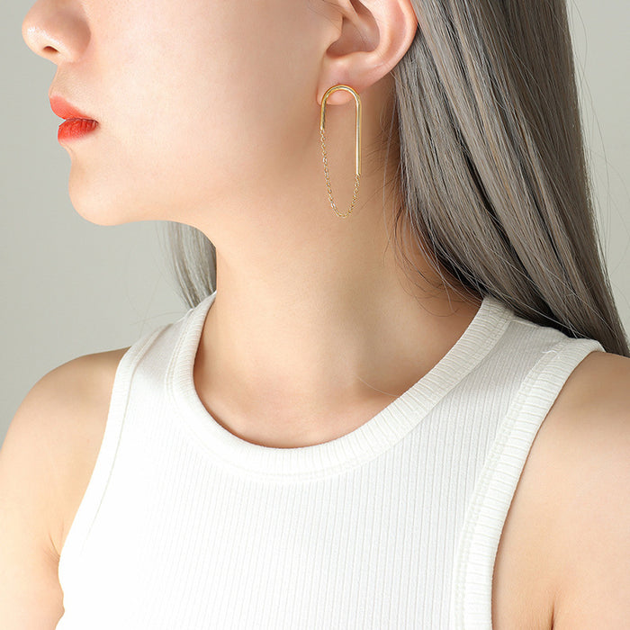 U-Shape Tube Chain Drop Stud Earrings Gold Steel Pair