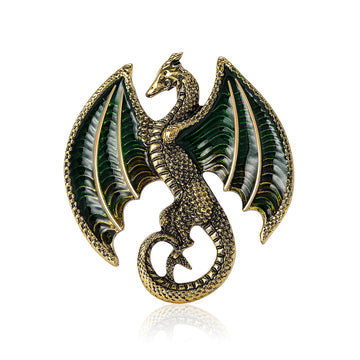 Antique Gold Dragon Brooch Enamel Wings Green Blue
