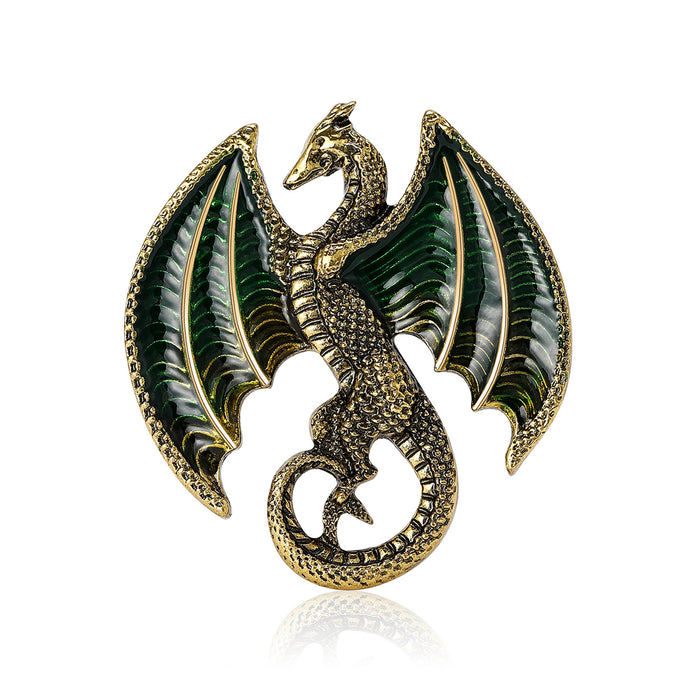 Antique Gold Dragon Brooch Enamel Wings Green Blue