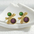Abstract Stud Earrings Green Purple Cabochons Metal view 3