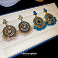 Ornate Round Beaded Drop Earrings in Blue and White view 2