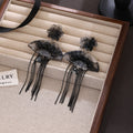 Black Ink Flower Fan and Chain Fringe Stud Earrings view 3