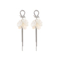 White Petal and Silver Chain Long Dangle Stud Earrings view 5