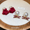 Red Fabric Flower and Bow Pearl Stud Earrings in Two Designs view 3
