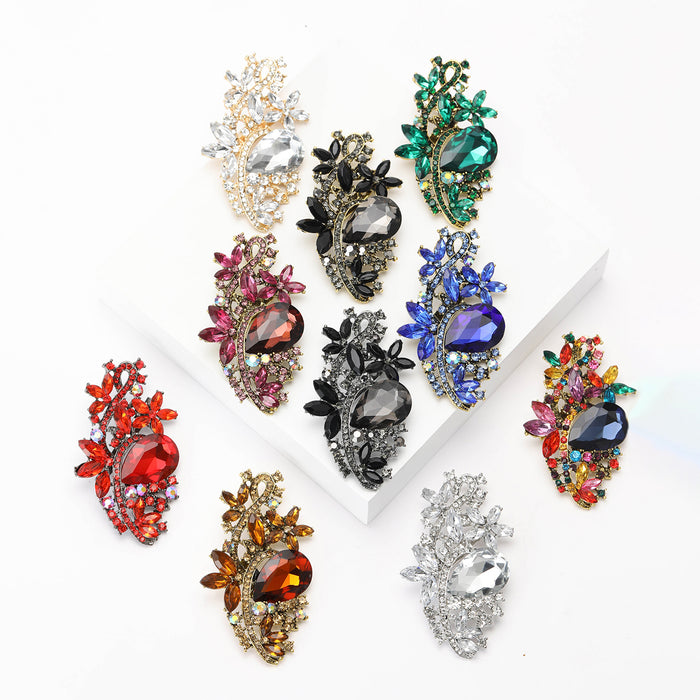 Large Crystal Leaf Swirl Brooch in Ten Colors for Jackets Scarves and Lapels