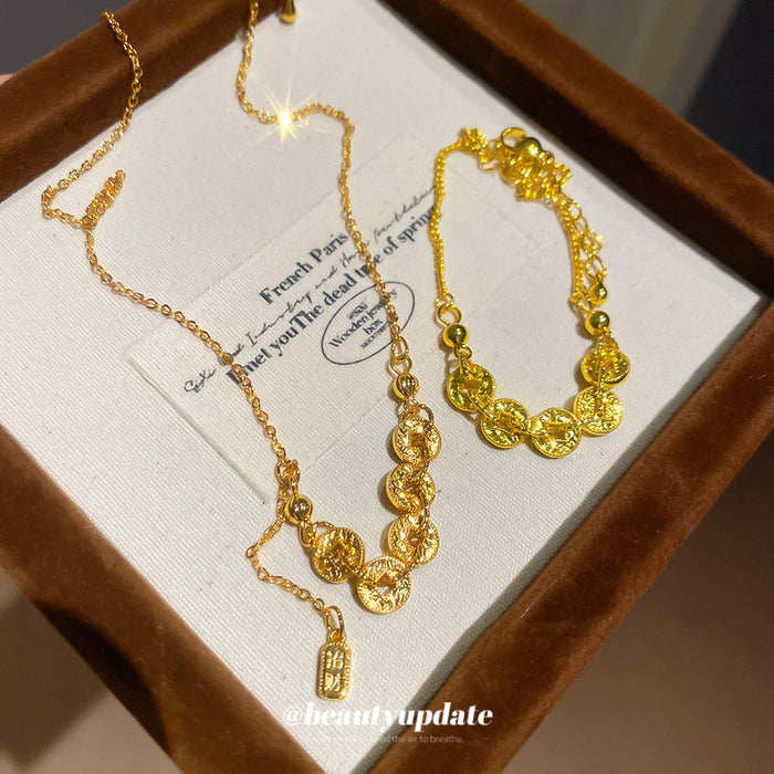 Gold Tone Chinese Coin Row Pendant Necklace Cable Chain