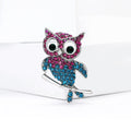 Pink and Blue Crystal Owl Brooch Perched on Silver Tone Branch view 2