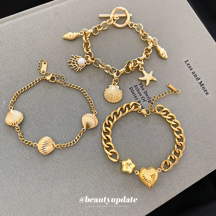 Gold Ocean Charm Bracelet Starfish Shell or Heart Curb Chain