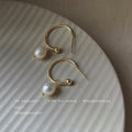 Gold Tone Round Hoop White Pearl Charm Hook Earrings view 4