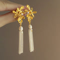 Gold Floral Branch Earrings with Pearl and Chain Tassels view 3