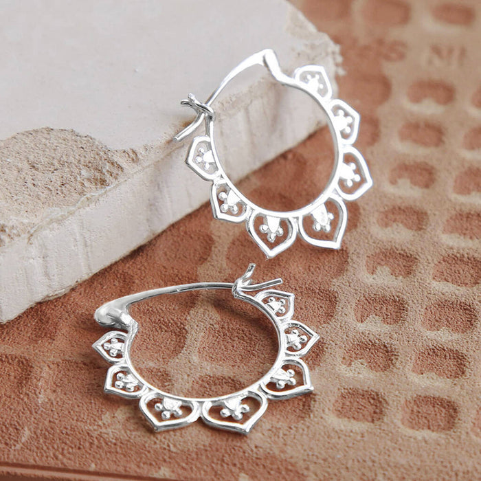 Silver Tone Lotus Petal Openwork Hoop Earrings Metal Alloy
