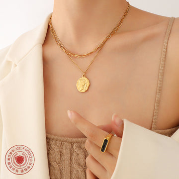 Layered Coin Portrait Medallion Triple Chain Necklace Set