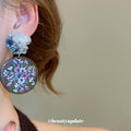Floral Print Round Disc Earrings with Blue Flower Studs view 4