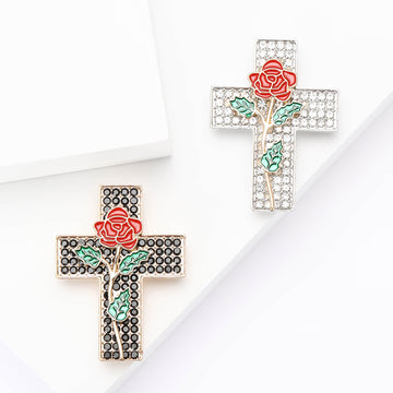 Crystal Cross Brooch With Red Rose in Black or Clear Stones
