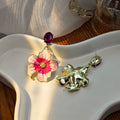 Pink Enamel Flower Drop Earrings Purple Crystal Post Tops view 4