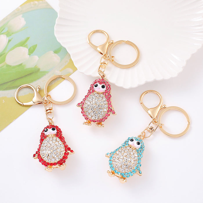Rhinestone Penguin Keychain Gold Clasp Red Pink Blue Options