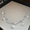 Silver Double Strand Rhinestone Pearl Drop Choker Single Style view 4