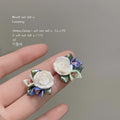 White Ceramic Rose Blue Green Leaf Floral Stud Earrings view 4