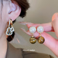 Pearl and Brown Stone Shell Drop Earrings in Gold Tone view 2