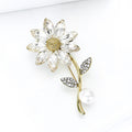 Gold Daisy Rhinestone Brooch Clear Petals Pearl Stem Pin view 3