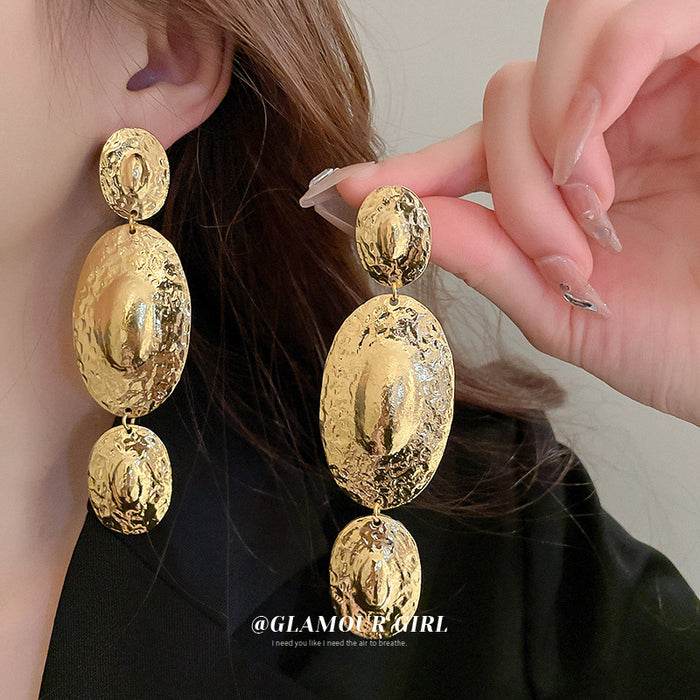 Hammered Double Oval Statement Drop Earrings Fashion Jewelry