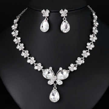 Black Silver Tone Flower Crystal Metal Necklace and Earring Set