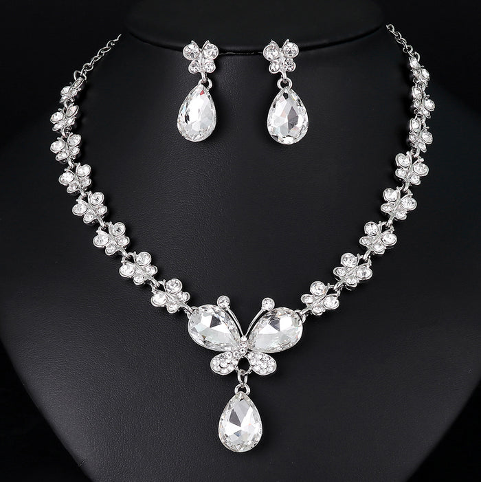 Black Silver Tone Flower Crystal Metal Necklace and Earring Set