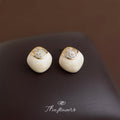 Cream White Enamel Stud Earrings Gold Crystal Caps view 3